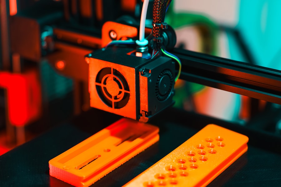 Orange 3D printed plastic parts on a print bed